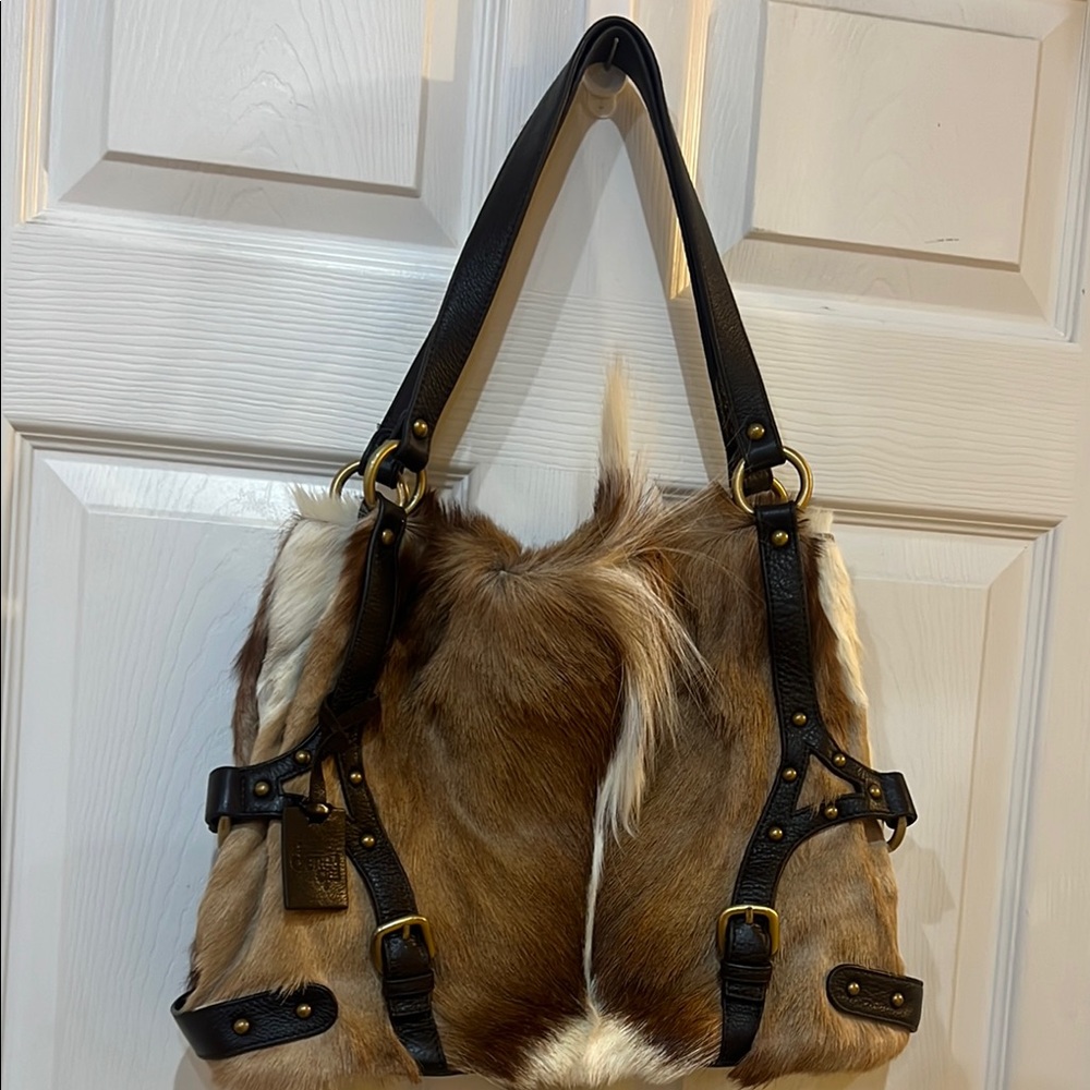 Designer-Inspired Brown Fur Shoulder Bag with Black Leather Straps Diane Gail